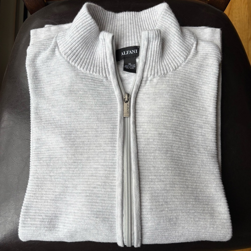 LIKE NEW Alfani Men's Heavy Rib Full Zip Cardigan Sweater Light Grey 100% Cotton
